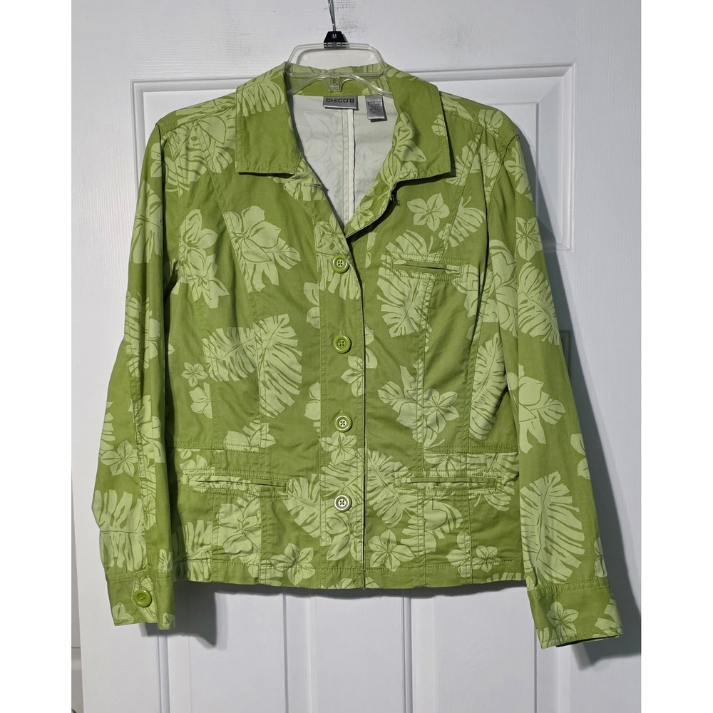 Chicos Lime Green Tropical Floral Palm Print Cotton Button Front Jacket Size 1
